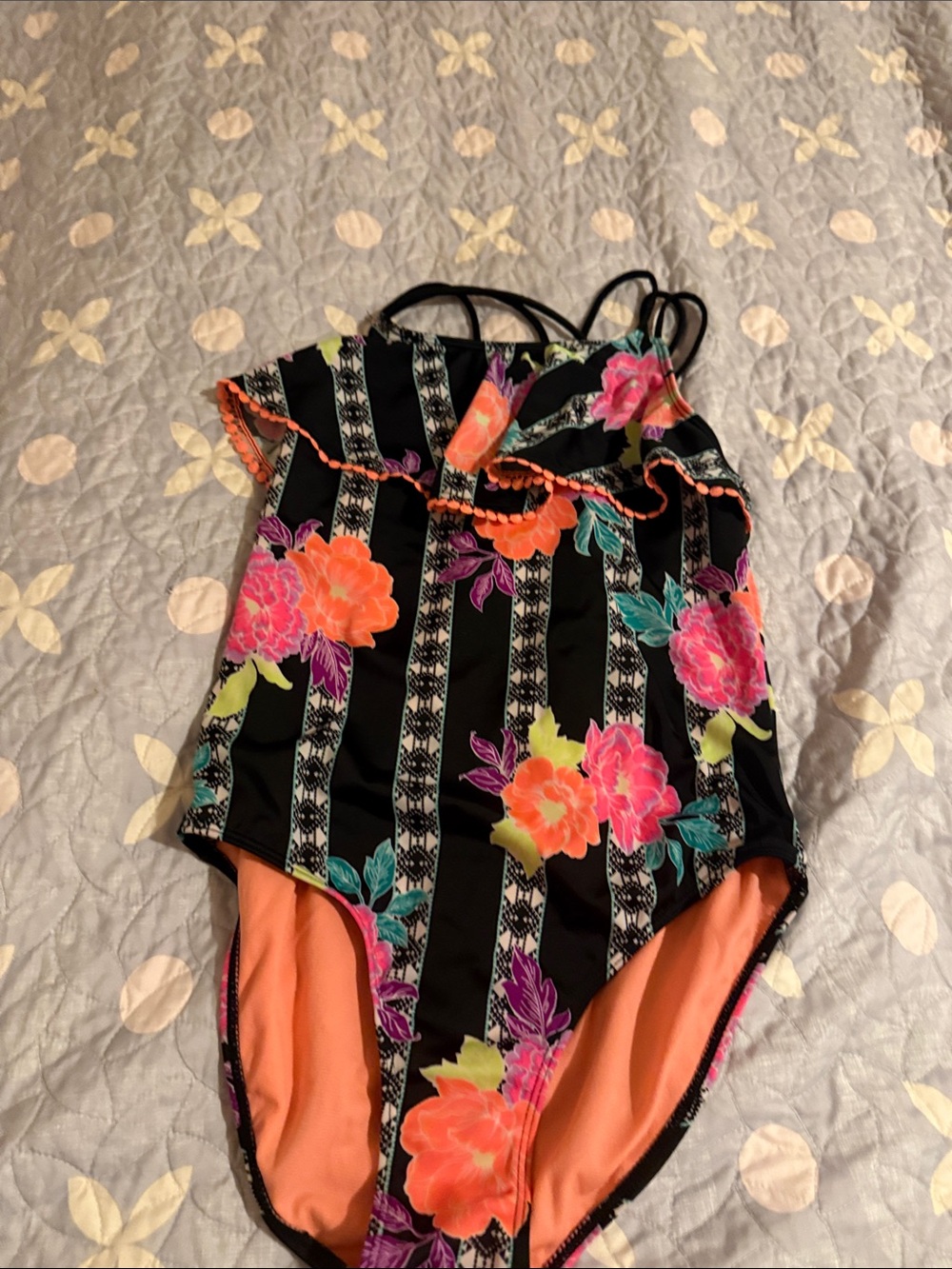 Black Floral One-Piece Swimsuit with Neon Flowers size girls 14-16EUC
